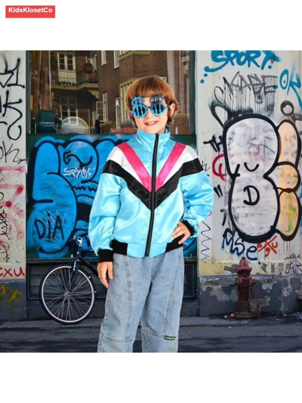 Kids 80s Retro Windbreaker Tracksuit Top Costume with Glasses